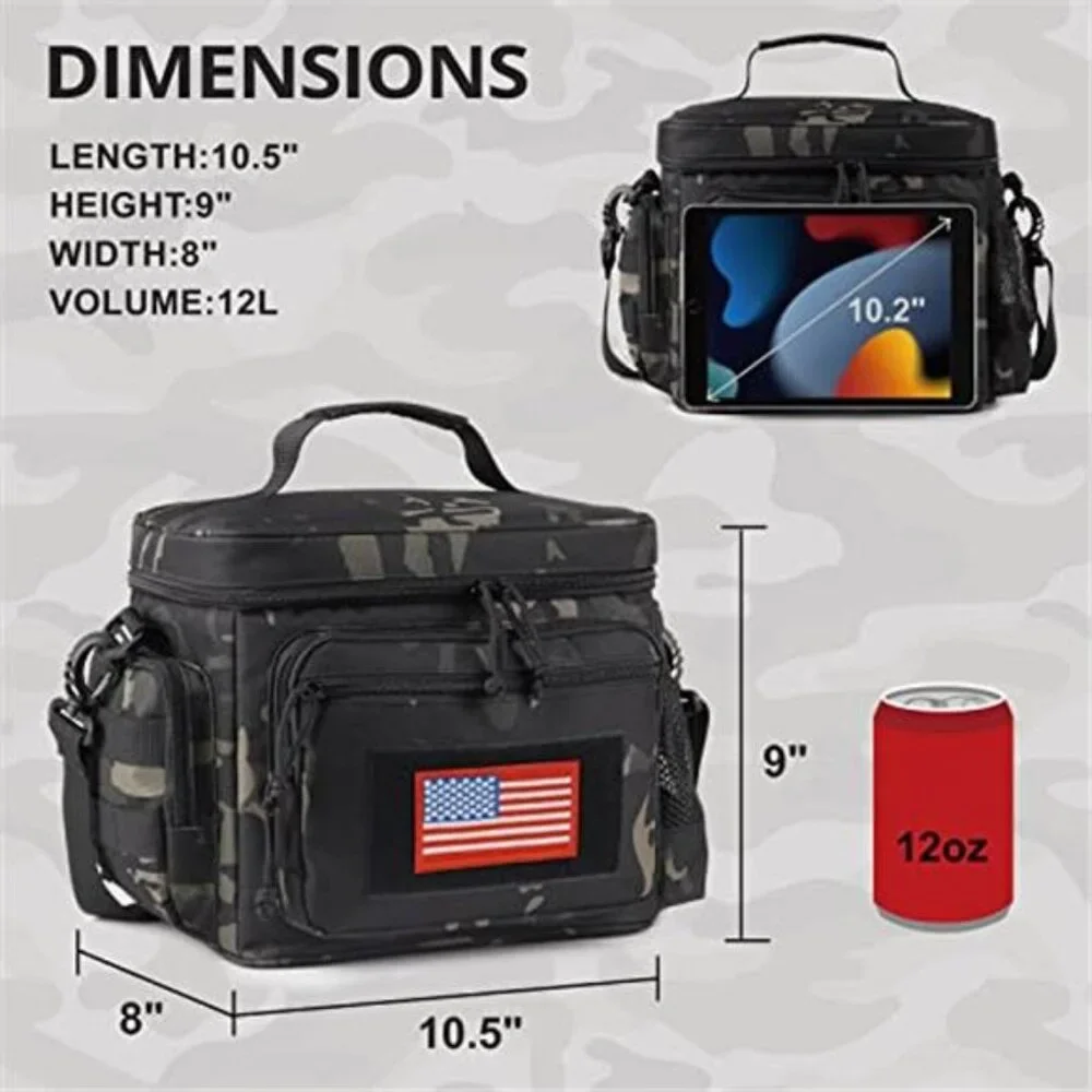 Tactical Insulated Lunch Bag Cooler MOLLE 12L Multi Pocket Work Travel Lunchbox
